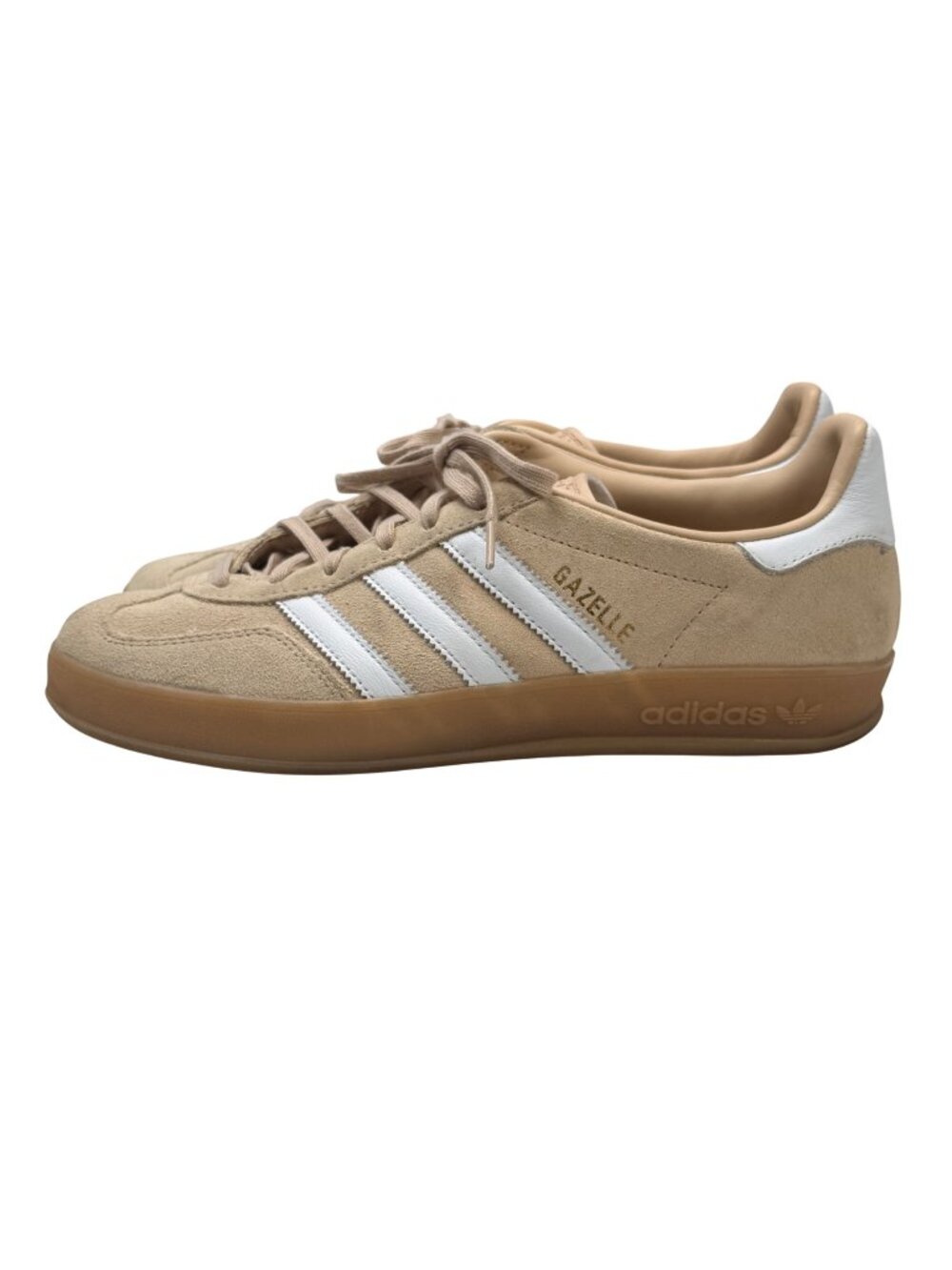 Adidas Gazelle Indoor Beige Suede Sneakers White Stripes Gum Sole Womens 8.5